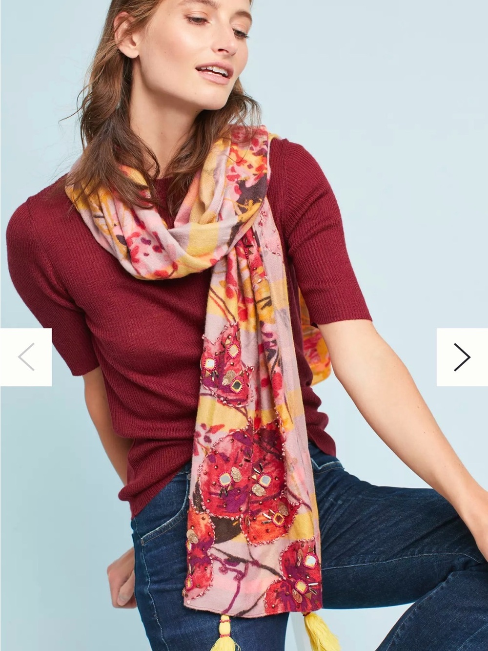 Anthropologie Sunshine Plaid Scarf Multicolor Floral Boho Embellish Tasseled